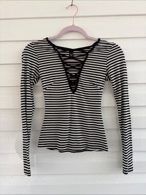 Black & White Striped Lace-Up Ribbed Top | Long Sleeve | Y2K